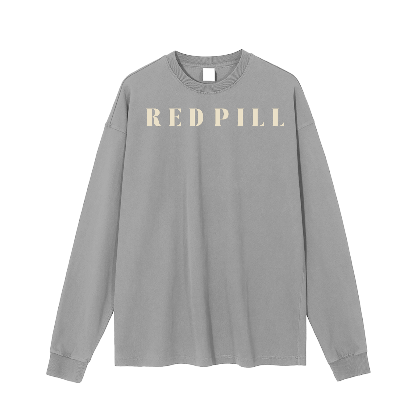 enzyme washed gray long sleeve t-shirt with subtle 'red pill' text