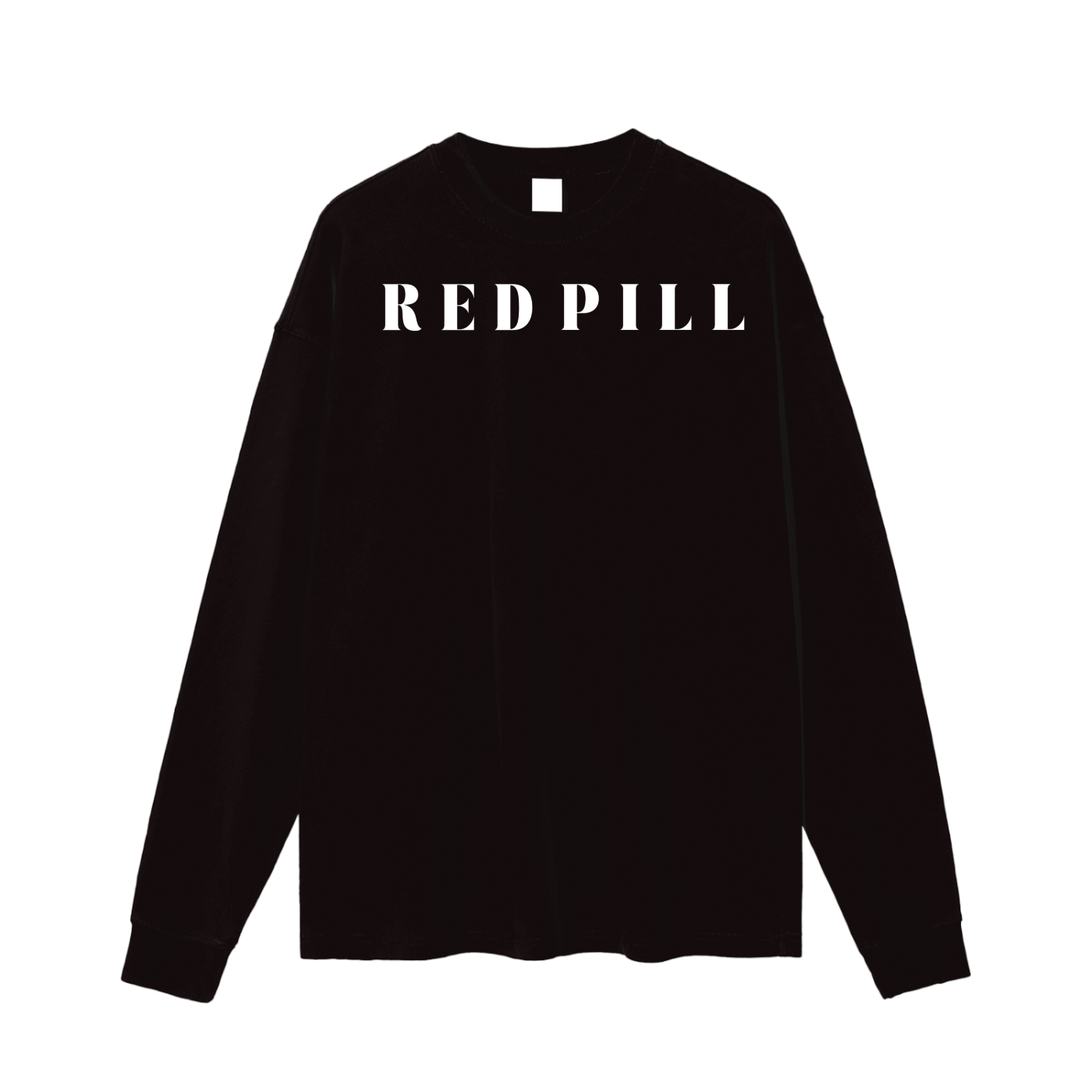 vintage black streetwear t-shirt with red pill writing in white contrast