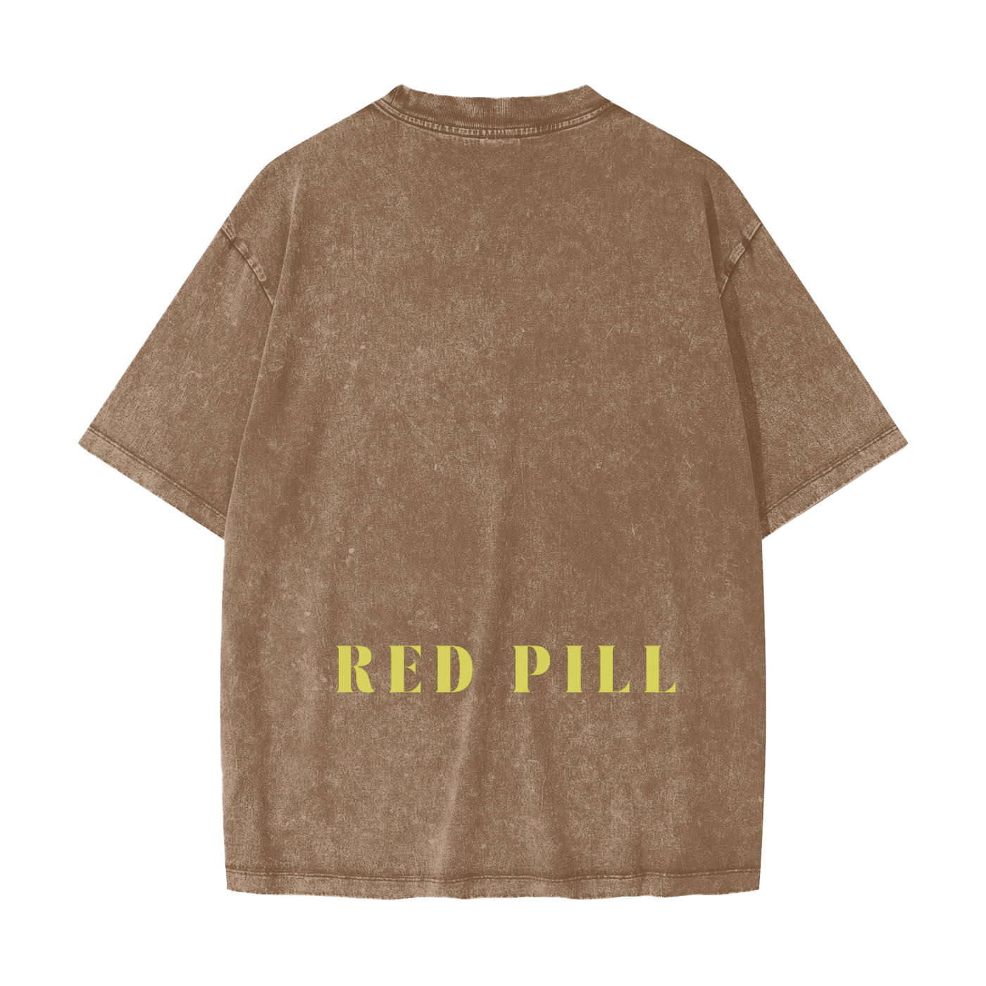 minimal streetwear tee in brown with yellow red pill text