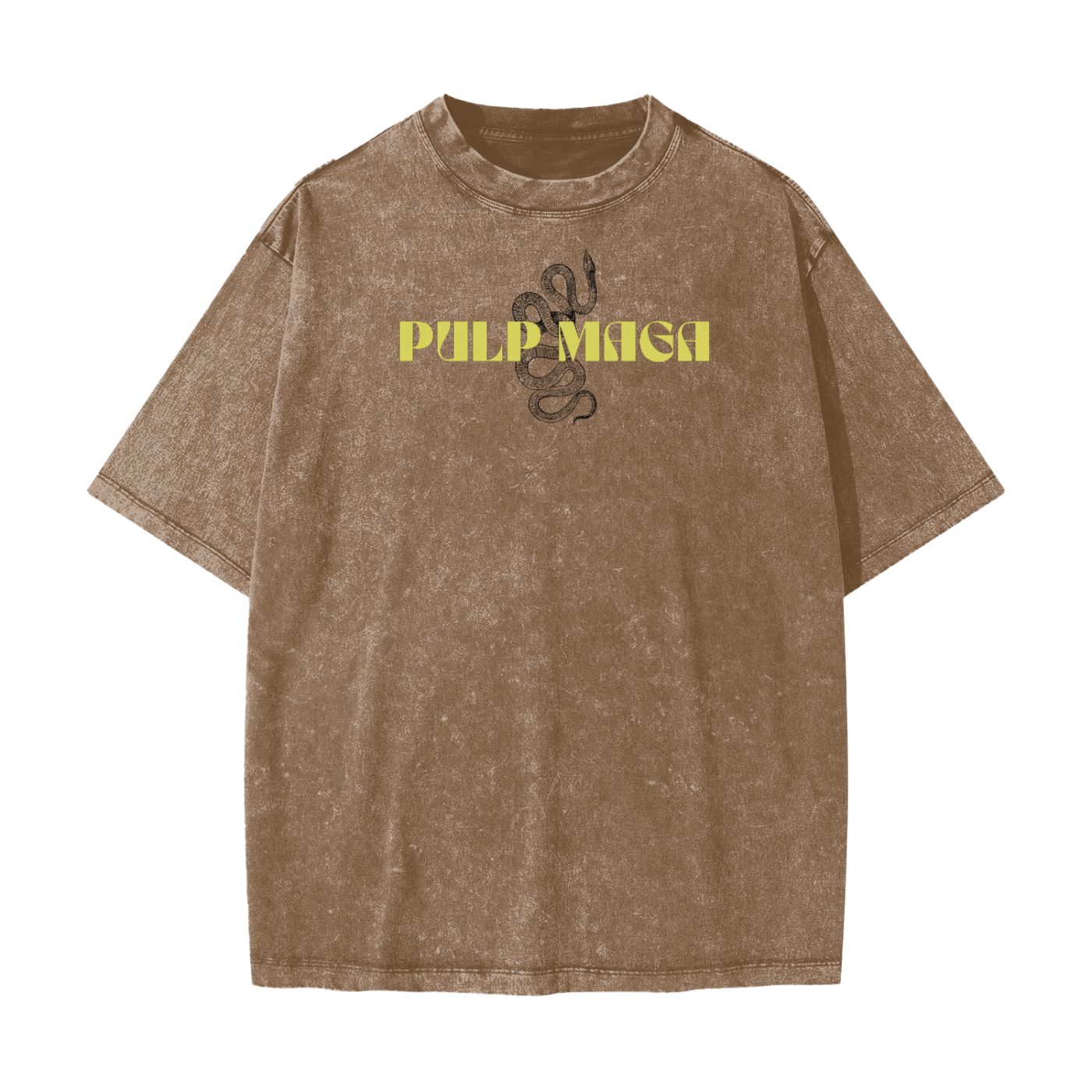brown washed streetwear shirt with yellow pulp maga logo