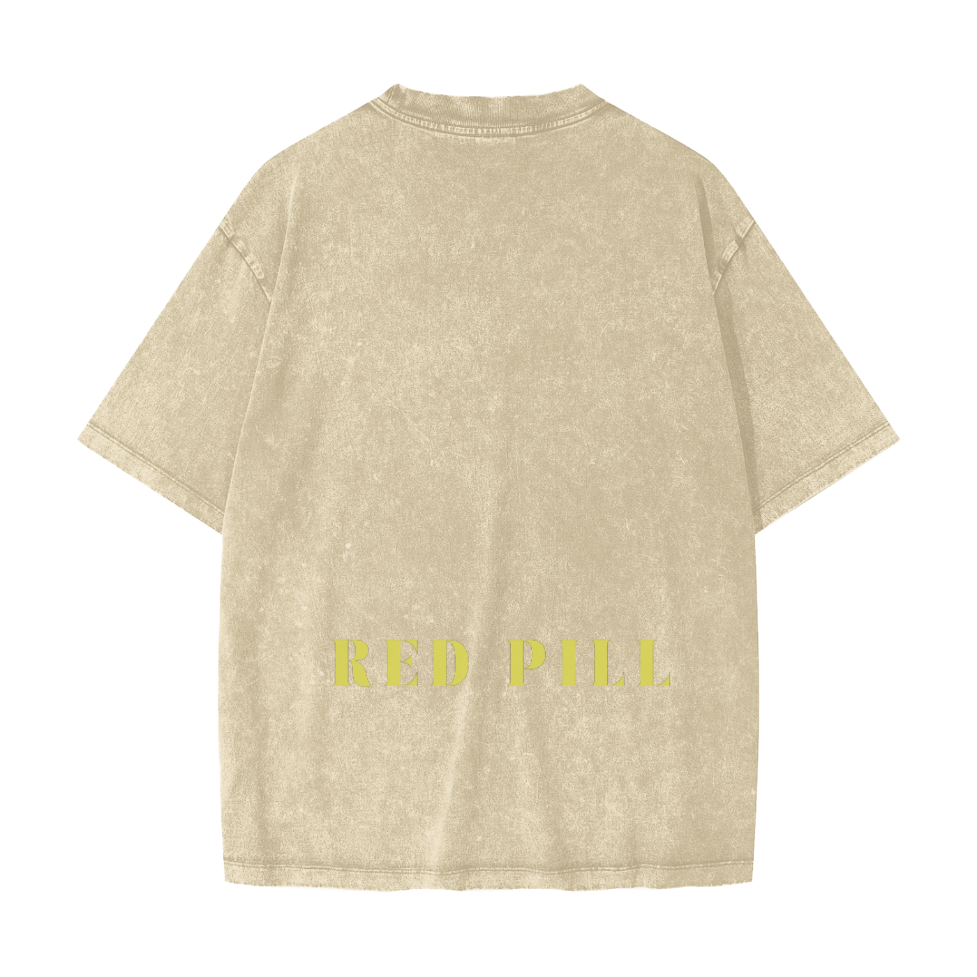 vintage washed khaki oversized shirt with large red pill text across the bottom