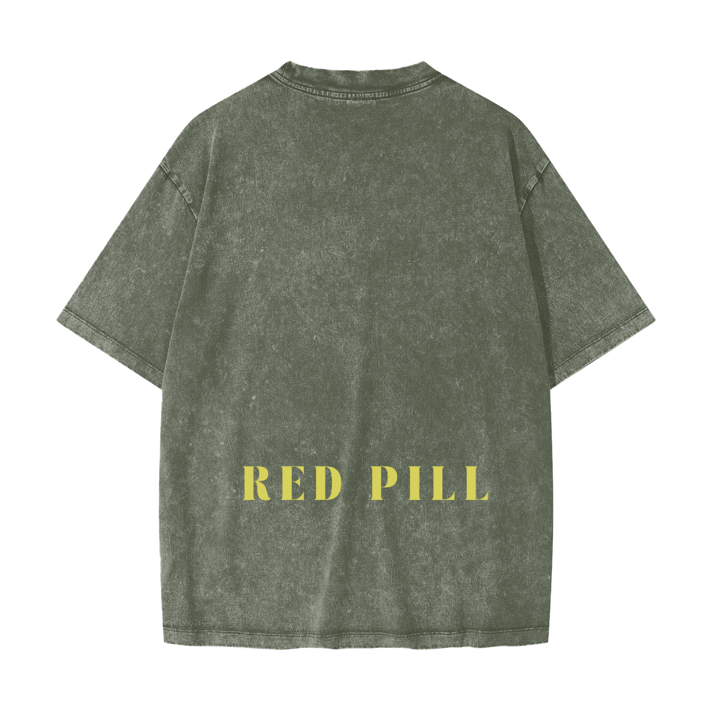 vintage washed olive green t-shirt with red pill text large across the bottom