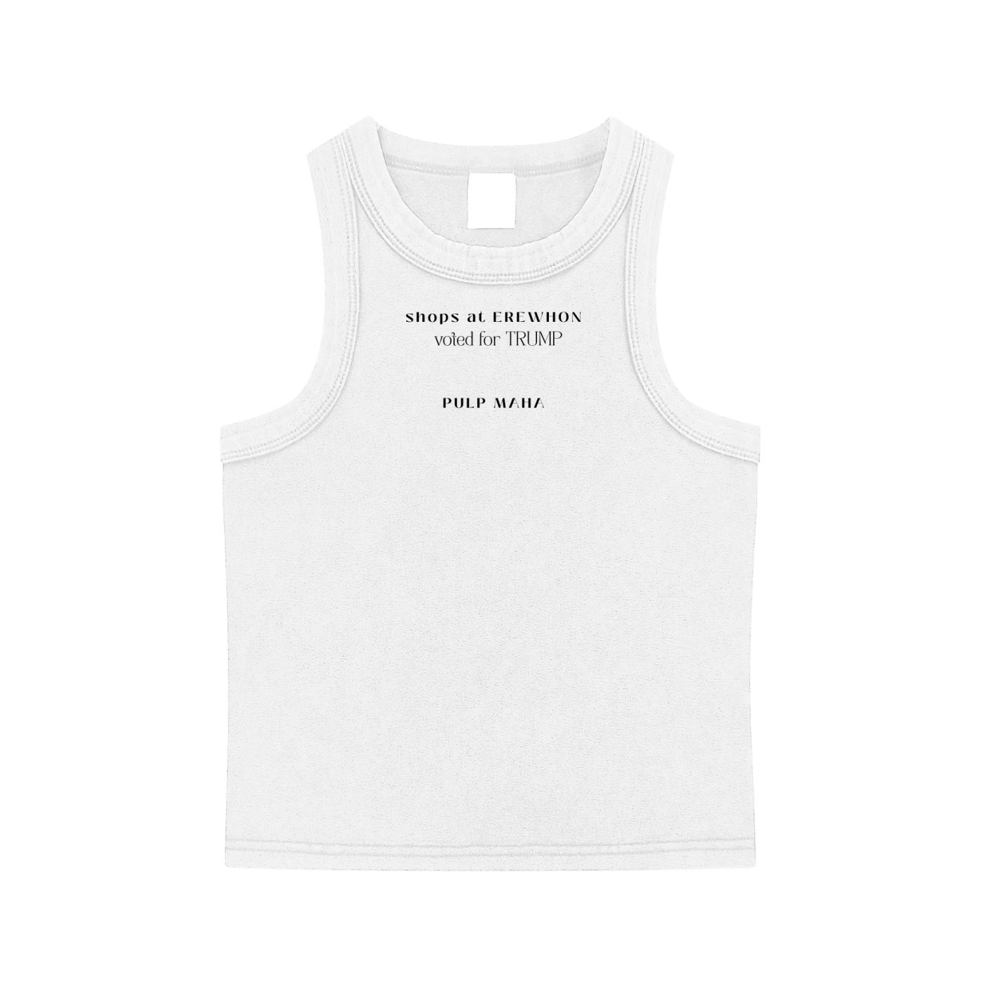 white y2k baby tank with 'shops at erewhon, voted for trump' satire text