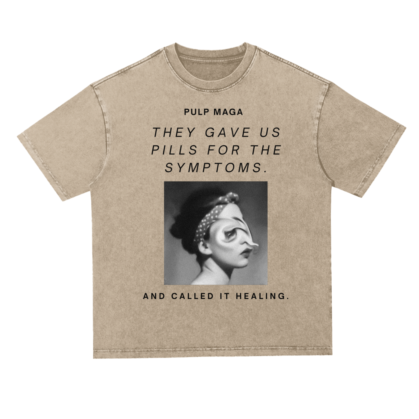 Khaki oversized MAGA streetwear tee with anti-pharma slogan – PULP MAGA political fashion with surreal  holistic healing graphic and MAHA Movement aesthetic for RFK