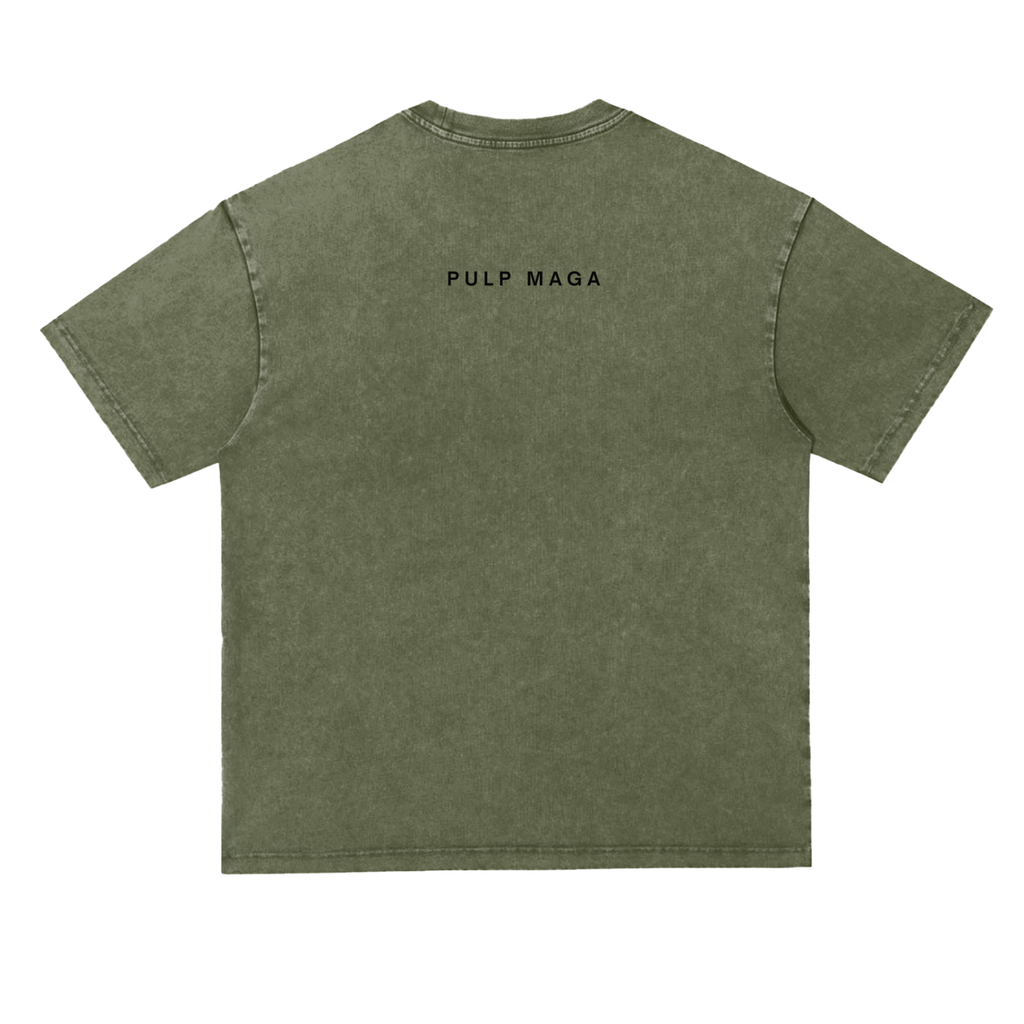 Back of green PULP MAGA heavyweight tee – misinformed by design capsule for natural health patriots