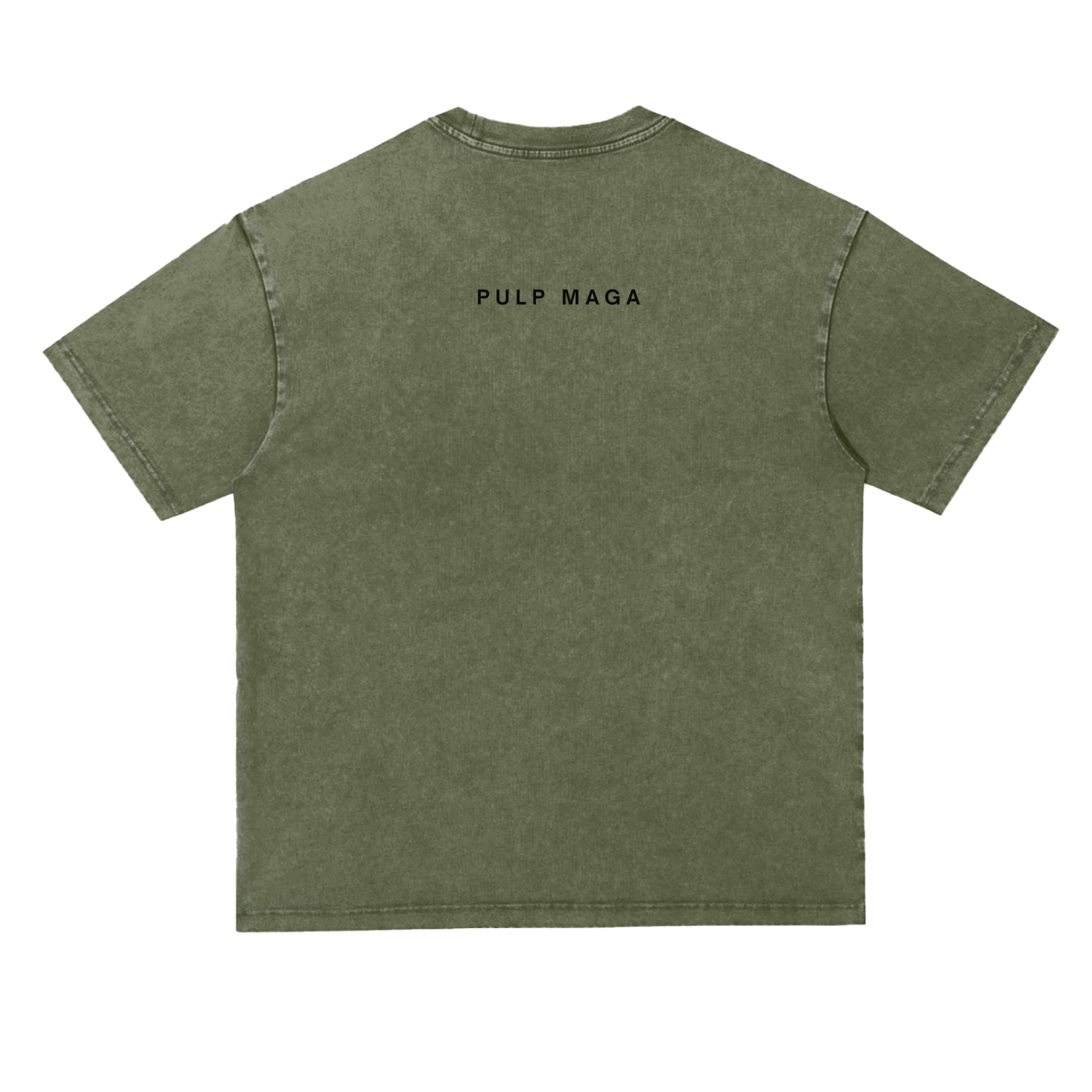 Back of green PULP MAGA heavyweight tee – misinformed by design capsule for natural health patriots