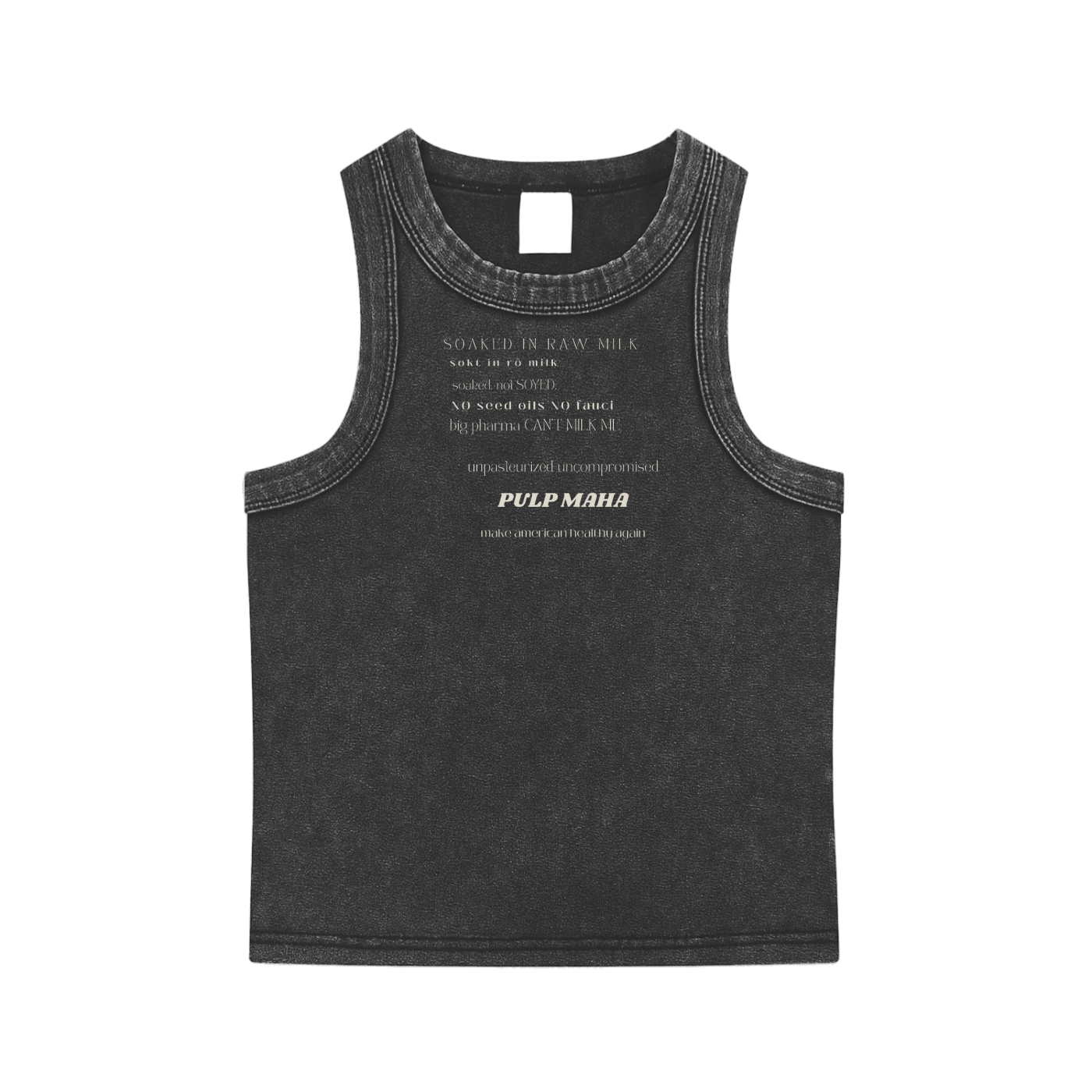 y2k baby top in washed black with make america healthy again message and no seed oils no fauci text
