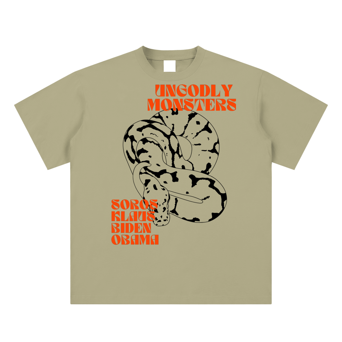 beige tee with political enemies text and graphic