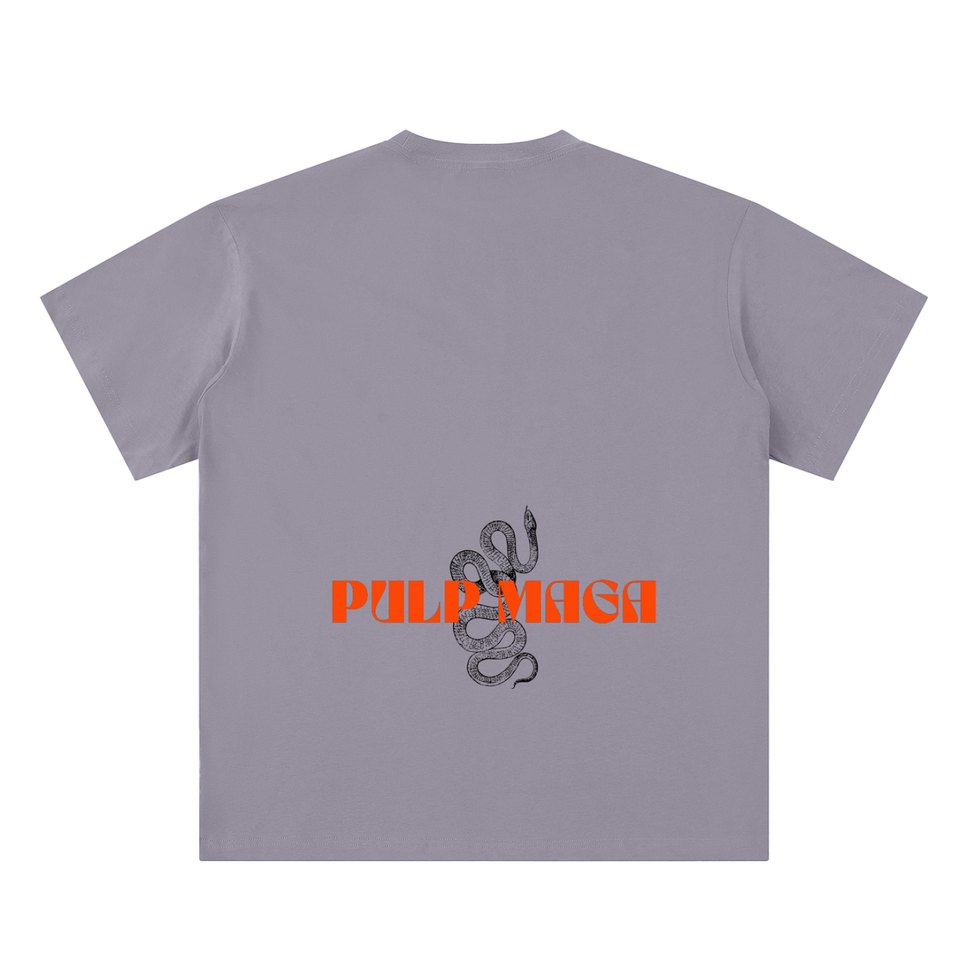 light purple t-shirt with pulp maga logo in orange in the style of kith