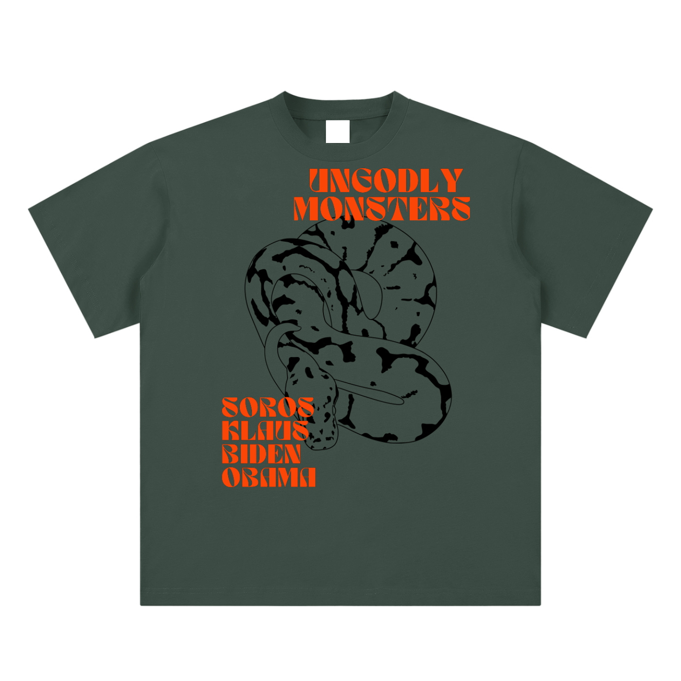 military green t-shirt with 'soros ungodly monster wef' text