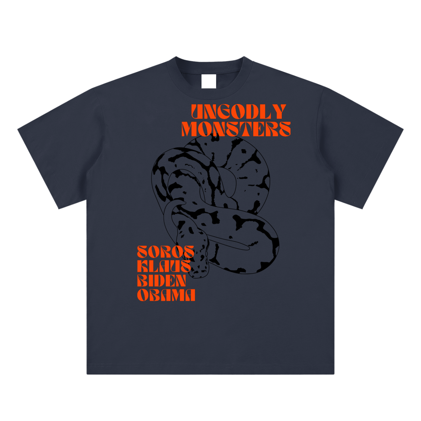 navy blue tee with soros klaus biden obama text and snake graphic