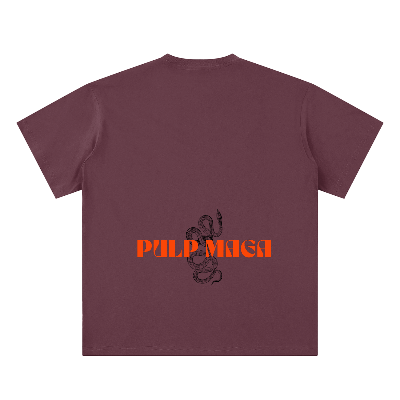 purple pulp maga t-shirt from behind with orange logo