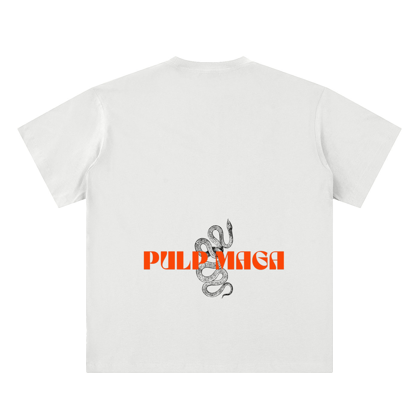 white t-shirt with streetwear pulp maga logo in pulp fiction orange