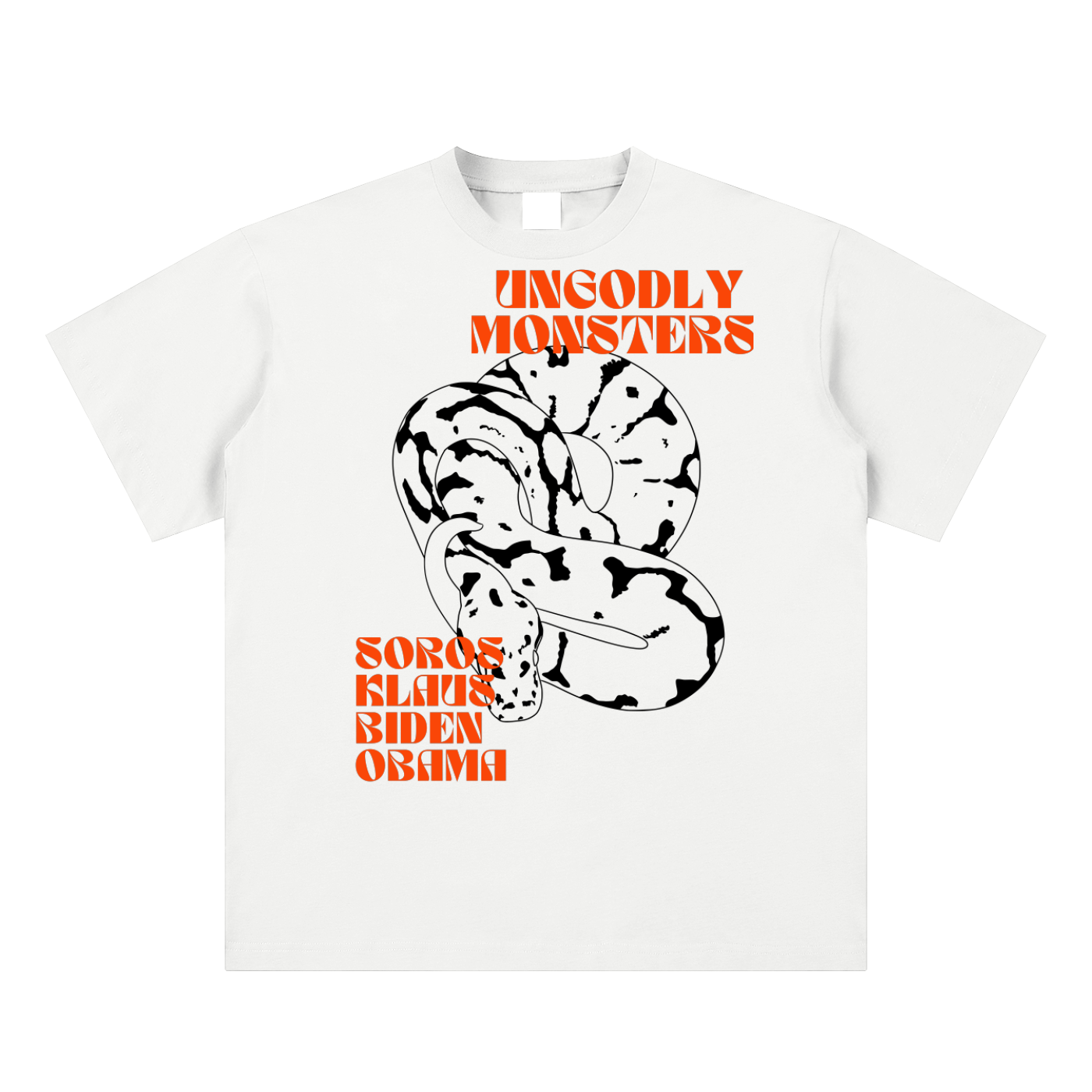 White sueded cotton T-shirt with black serpent and orange political graphic featuring Soros, Klaus, Biden, and Obama