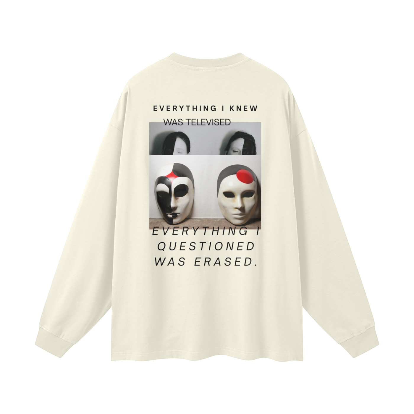 Milk tea beige long sleeve tee – surreal pixelated TV faces and anti-media slogan print