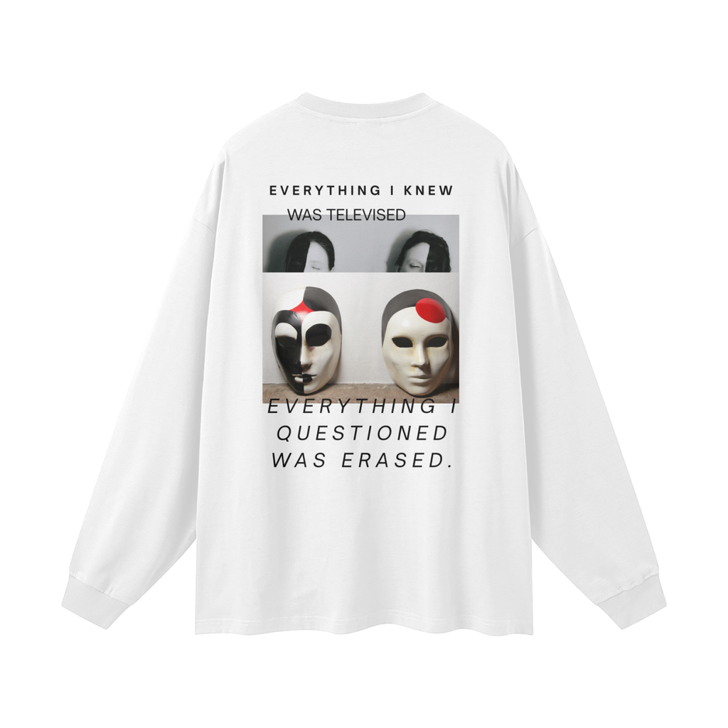 White long sleeve political streetwear shirt with glitch TV face graphic and censorship commentary – PULP MAGA