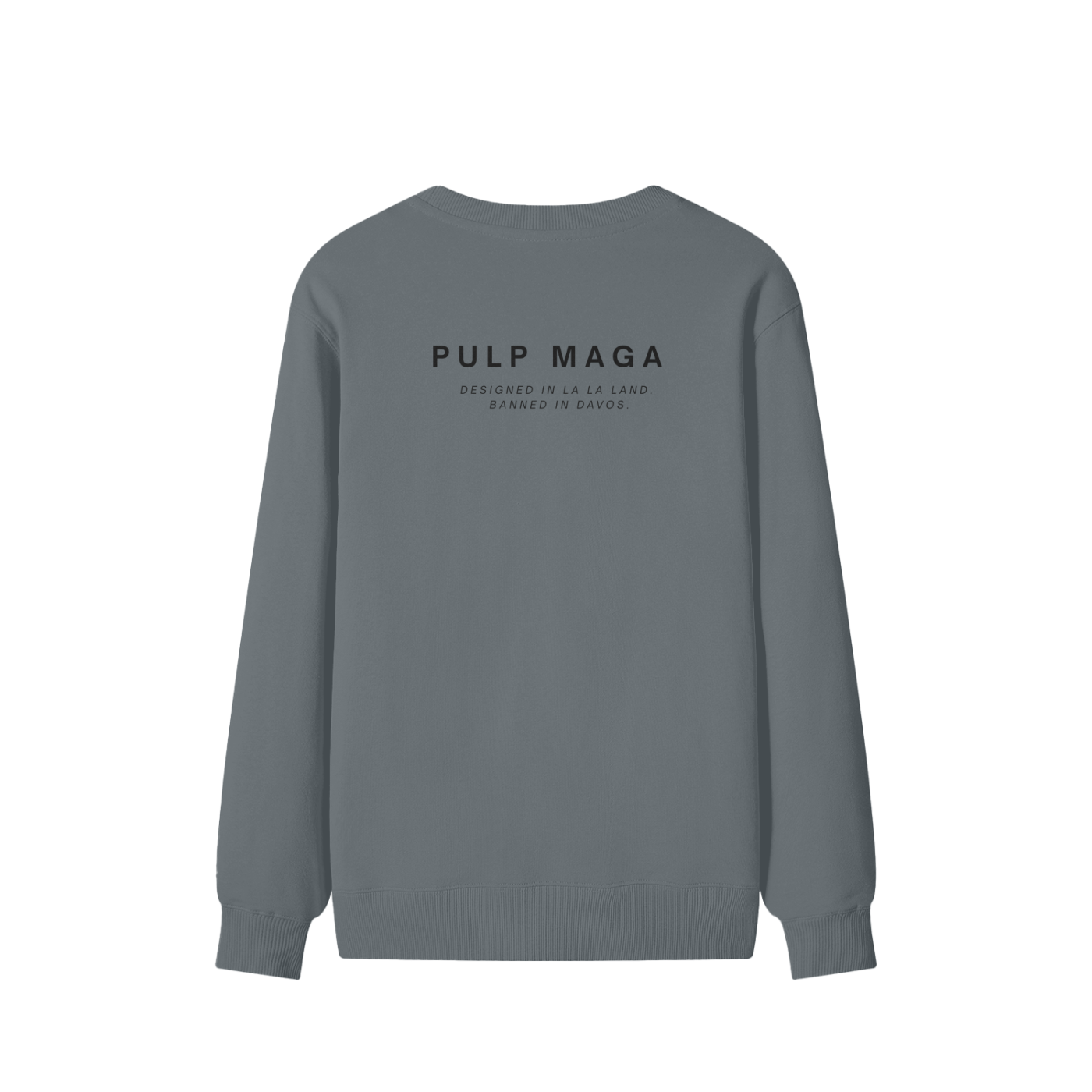 Back of gray fleece sweater – minimalist cut, heavyweight structure
