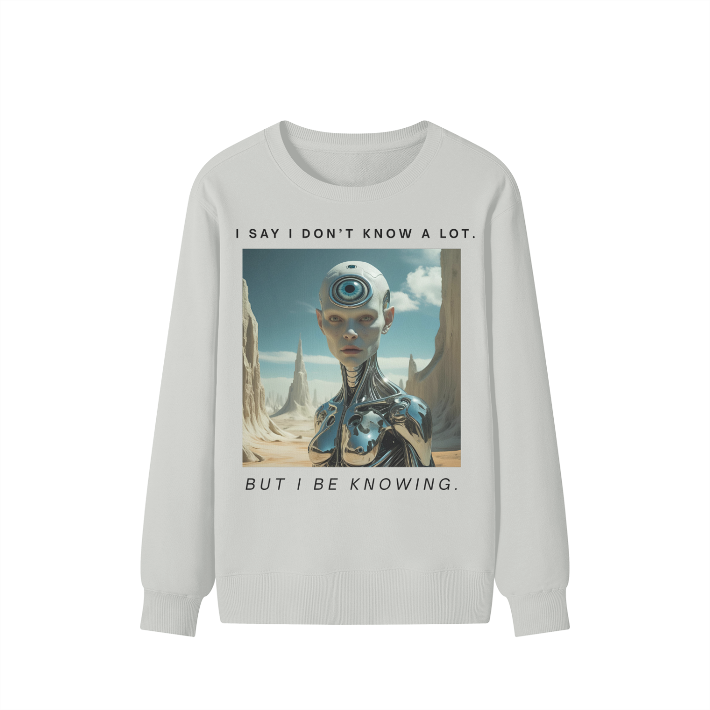 Bone white crewneck sweater with spiritual satire print and PULP MAGA statement text – classic fit and futuristic AI graphic robot print