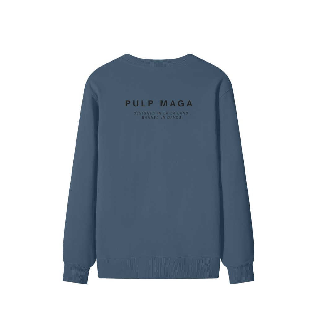 Rear view of navy blue sweater – no print, tonal structure and soft fleece feel