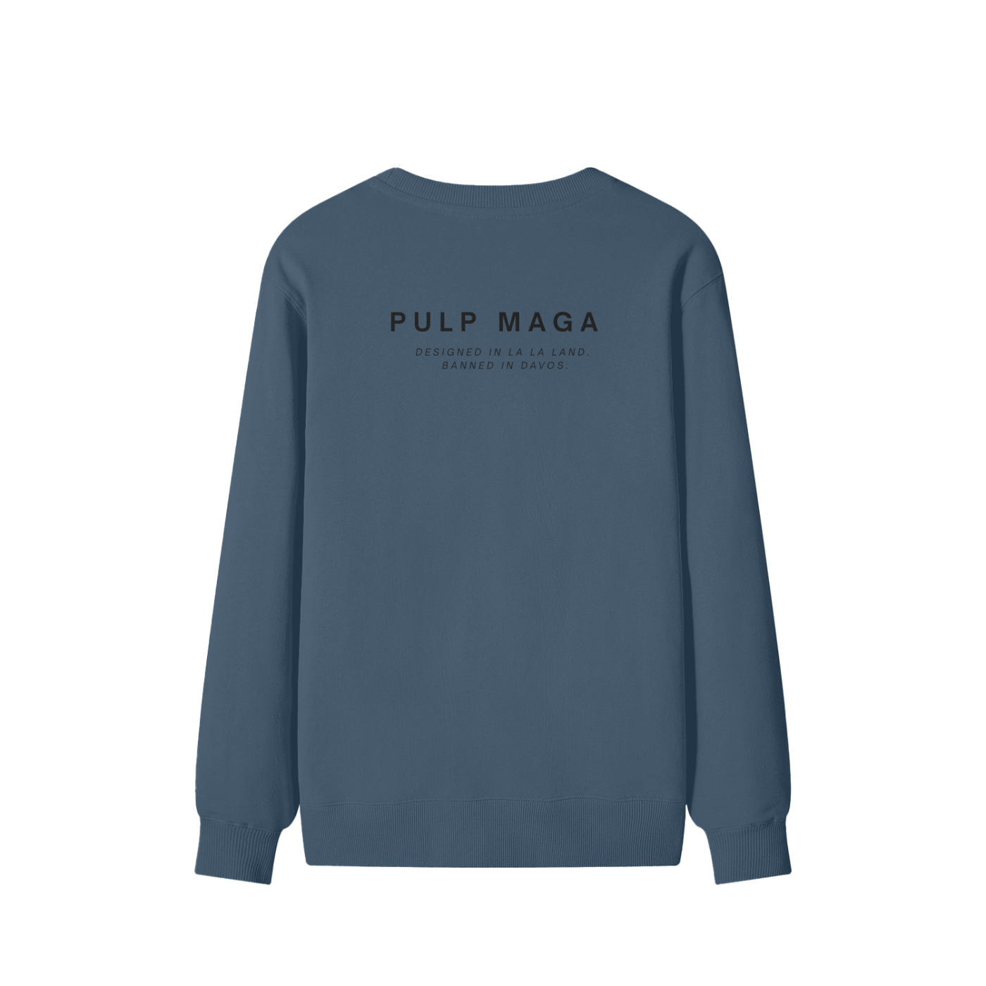 Rear view of navy blue sweater – no print, tonal structure and soft fleece feel