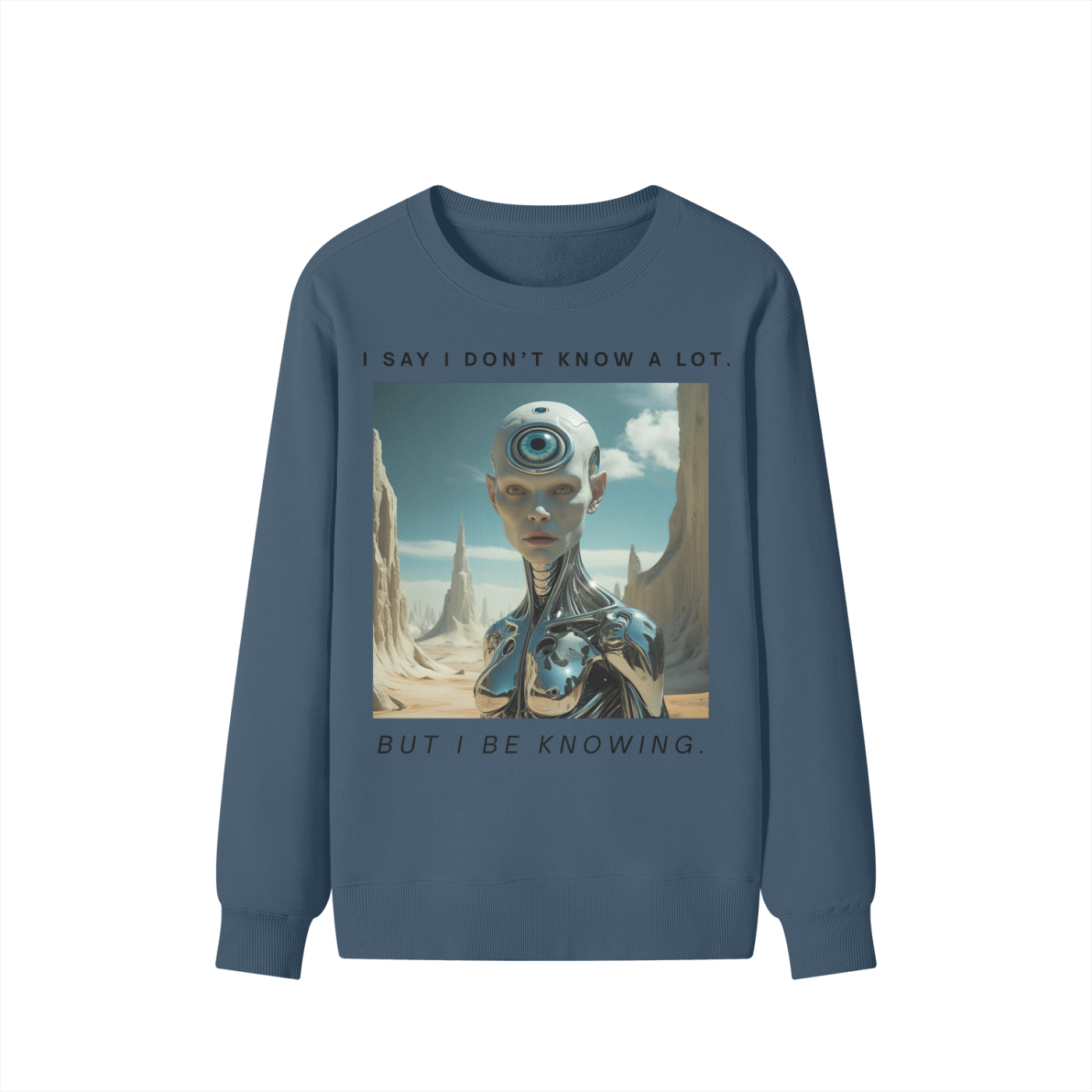 Navy blue sweatshirt featuring third eye surrealist art and anti-authority quote – PULP MAGA graphic
