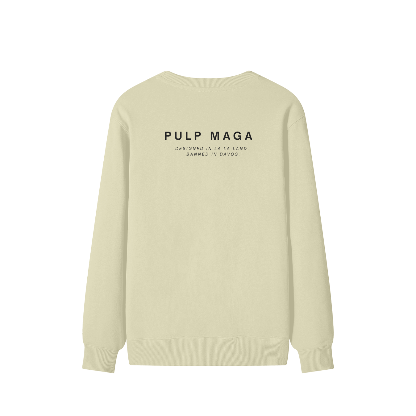 Rear view of sand fleece pullover – unisex fit, soft texture, no back print