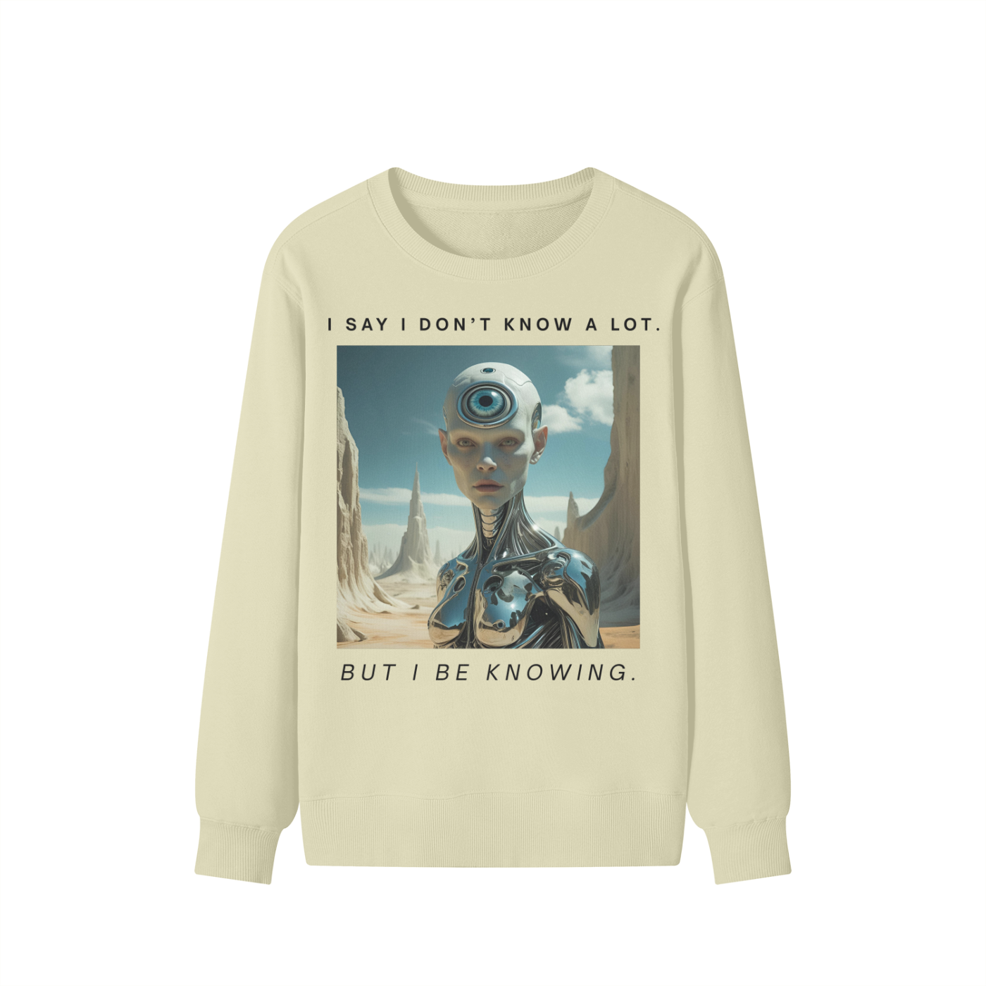 Sand-colored classic sweatshirt with blindfolded third eye illustration and subversive quote – Misinformed by Design