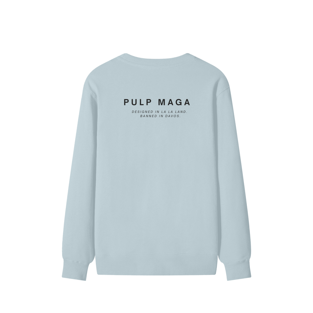 Pale blue oversized sweater with PULP MAGA branding “Banned in Davos”