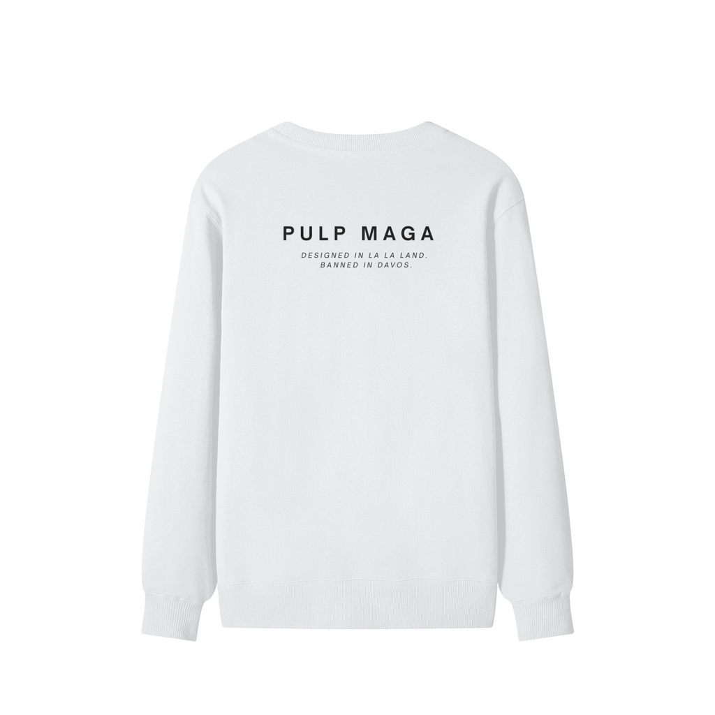 Back view of white unisex fleece sweater – heavyweight cotton, no rear graphic