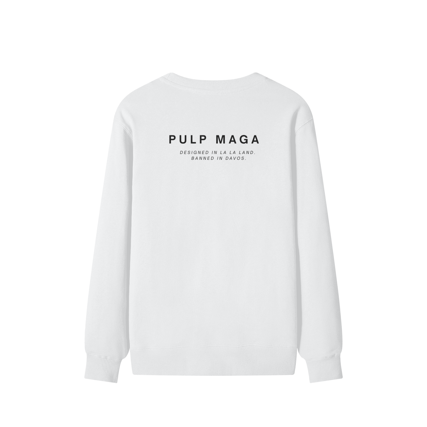 Back view of white unisex fleece sweater – heavyweight cotton, no rear graphic