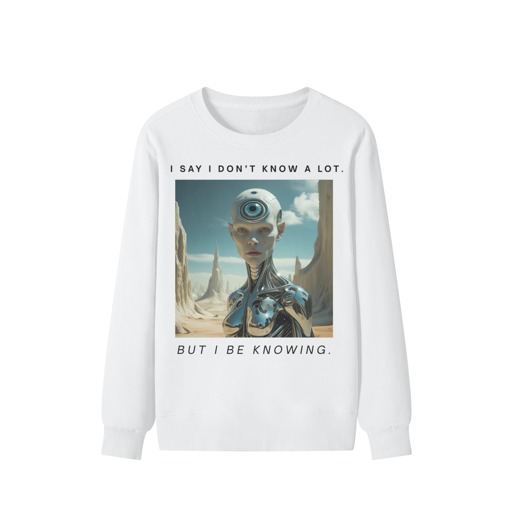 Bone white crewneck sweater with spiritual satire print and PULP MAGA statement text – classic fit nd third eye femme robot in burning man desert scape