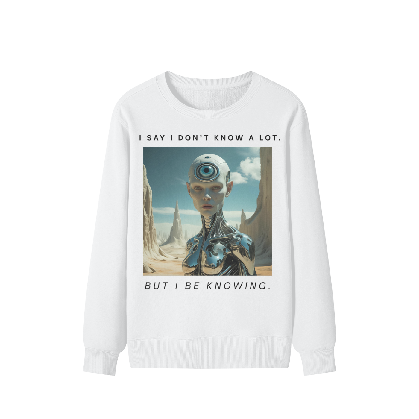 Bone white crewneck sweater with spiritual satire print and PULP MAGA statement text – classic fit nd third eye femme robot in burning man desert scape