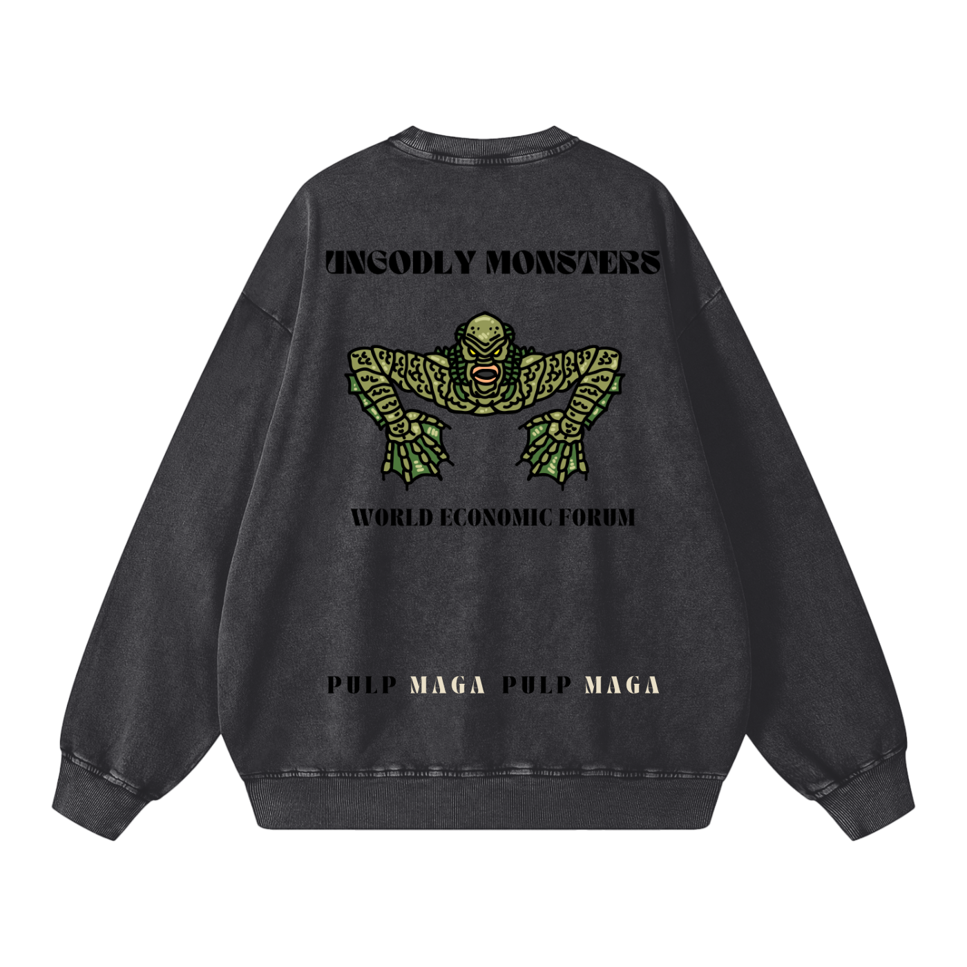 black sweatshirt with cartoon monster design and 'world economic forum text'