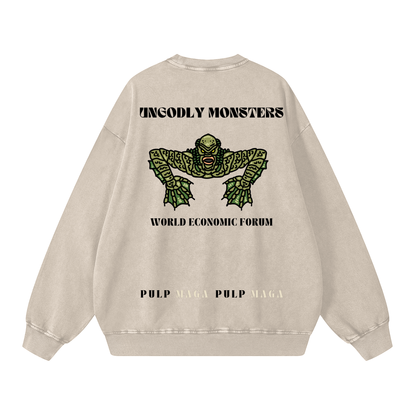 illustrated monster with world economic forum text on beige streetwear sweatshirt