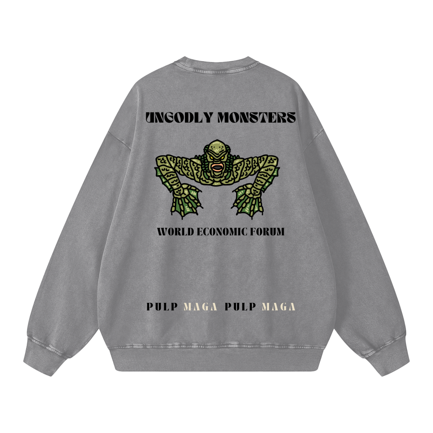 large cartoon graphic of ungodly monster on gray sweatshirt and pulp maga logo