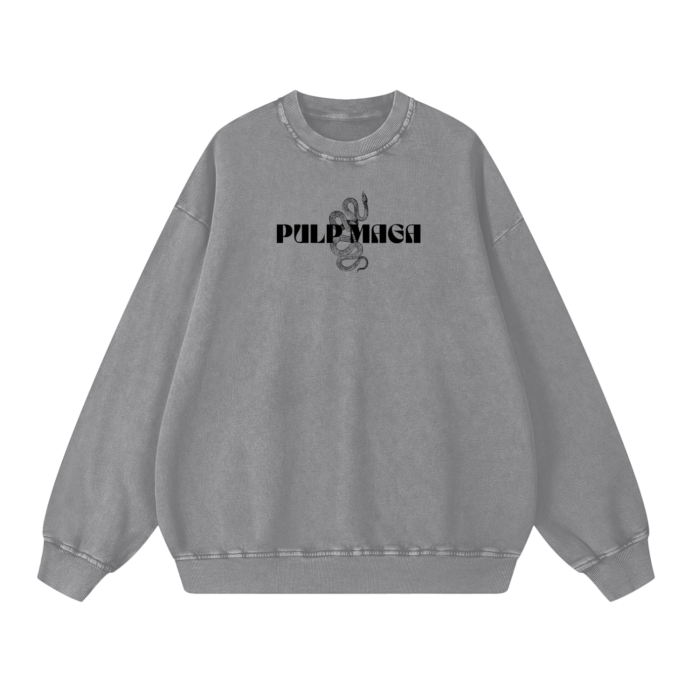 light gray streetwear sweatshirt with pulp maga snake logo