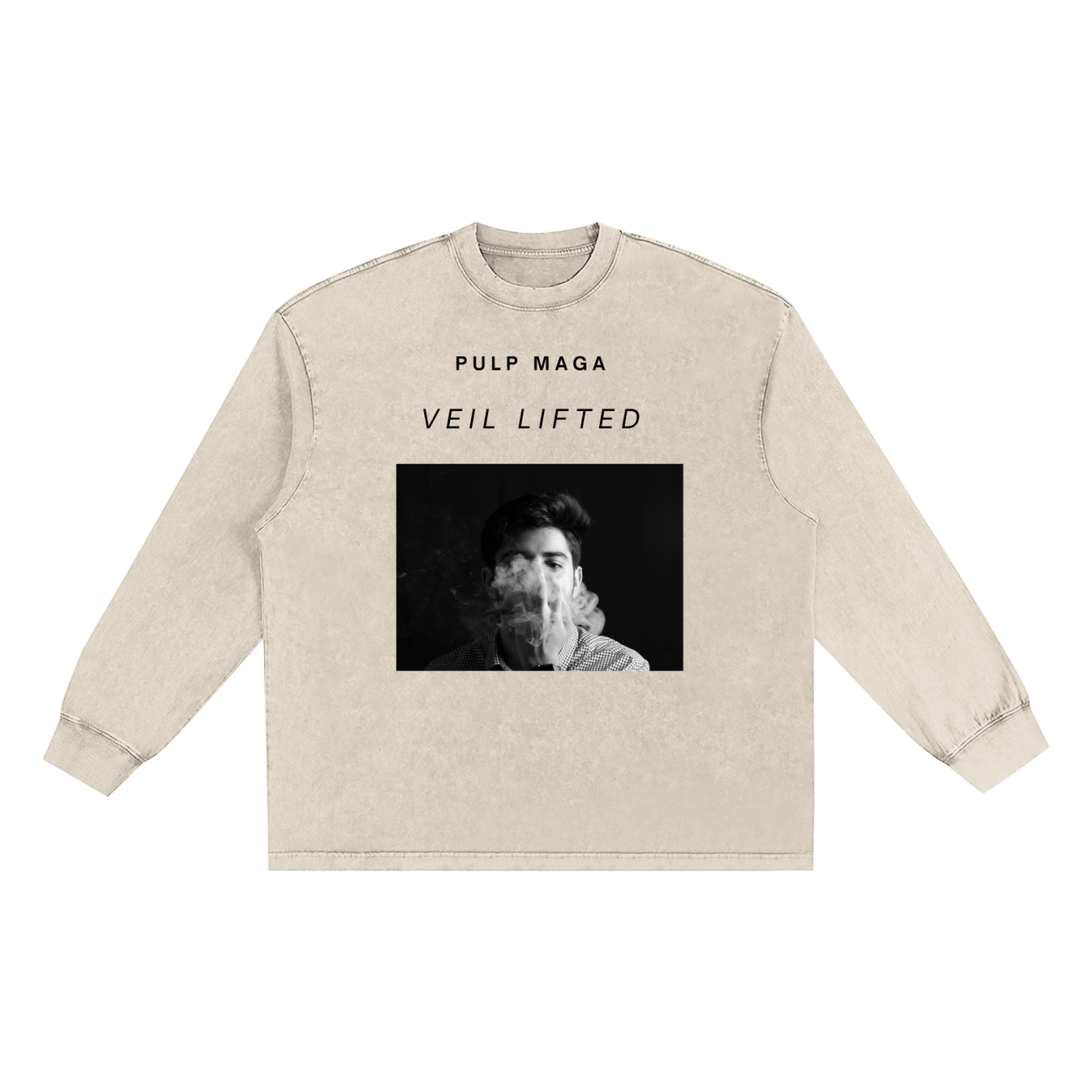 stone beige long sleeve shirt with veil lifted logo and hd image of guy blowing smoke on an editorial style black white photo