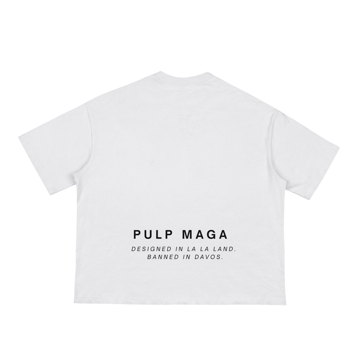 design in la la land. banned in davos signature logo on white t-shirt.