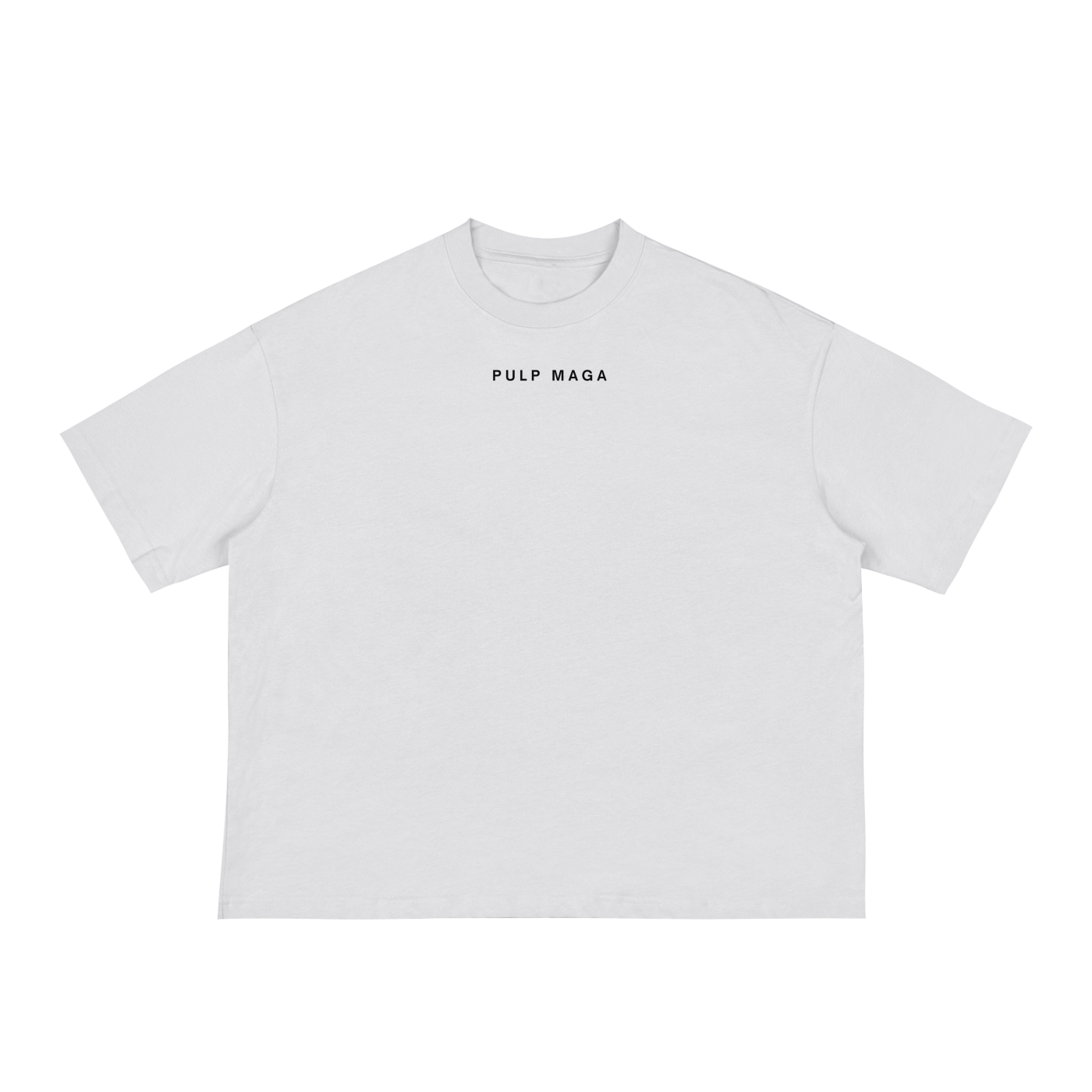 minimal pulp maga logo on white t-shirt