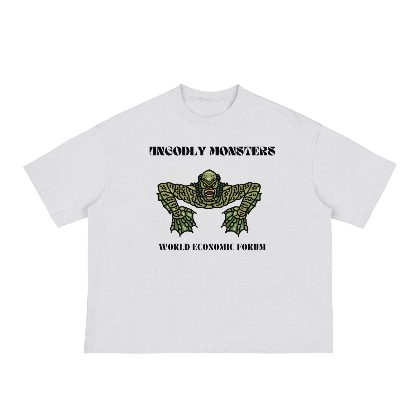 boxy world economic forum political shirt with monster graphic