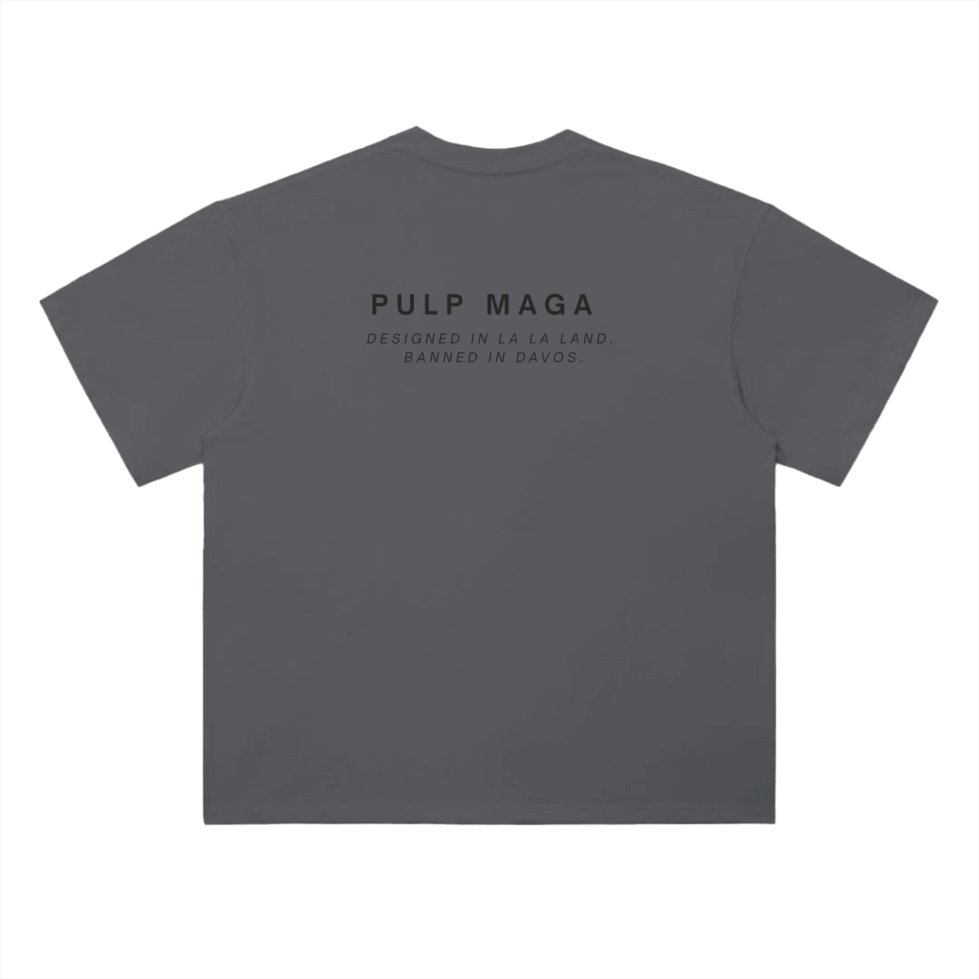 gray t-shirt with minimal pulp maga logo in stylish font