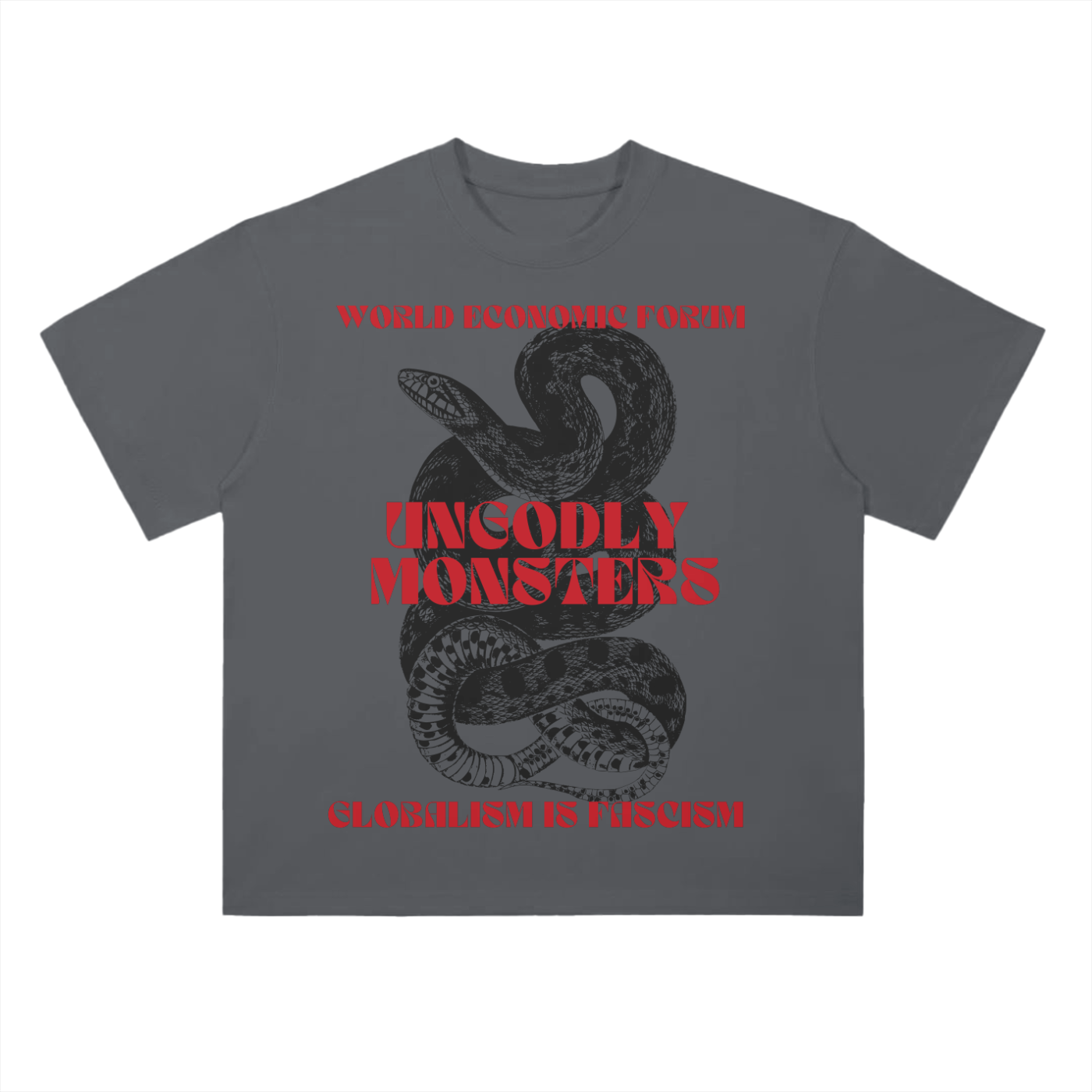 Dark gray drop shoulder T-shirt with high-contrast anti-globalist grindhouse artwork.