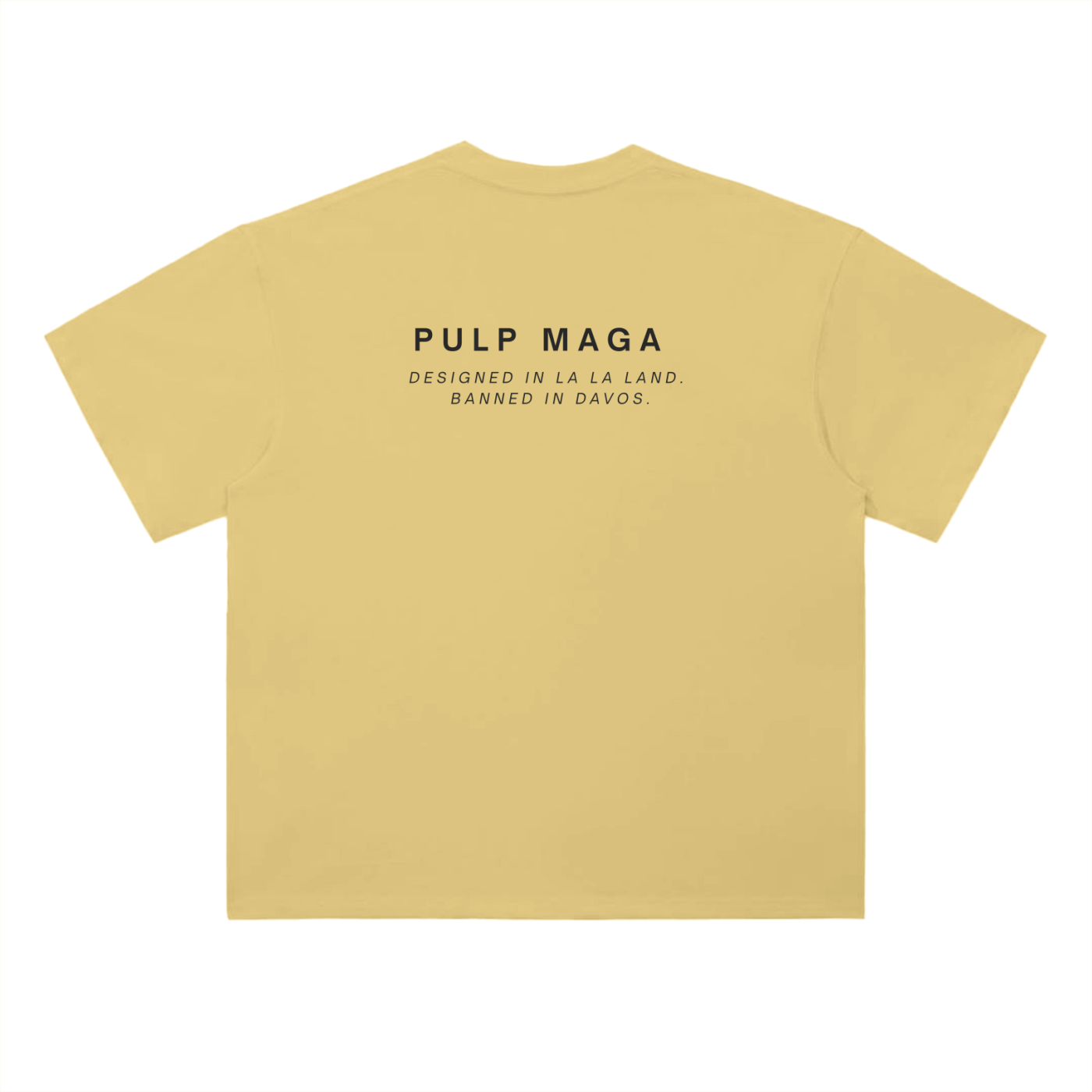 vintage yellow t-shirt with pulp maga text in style of kith