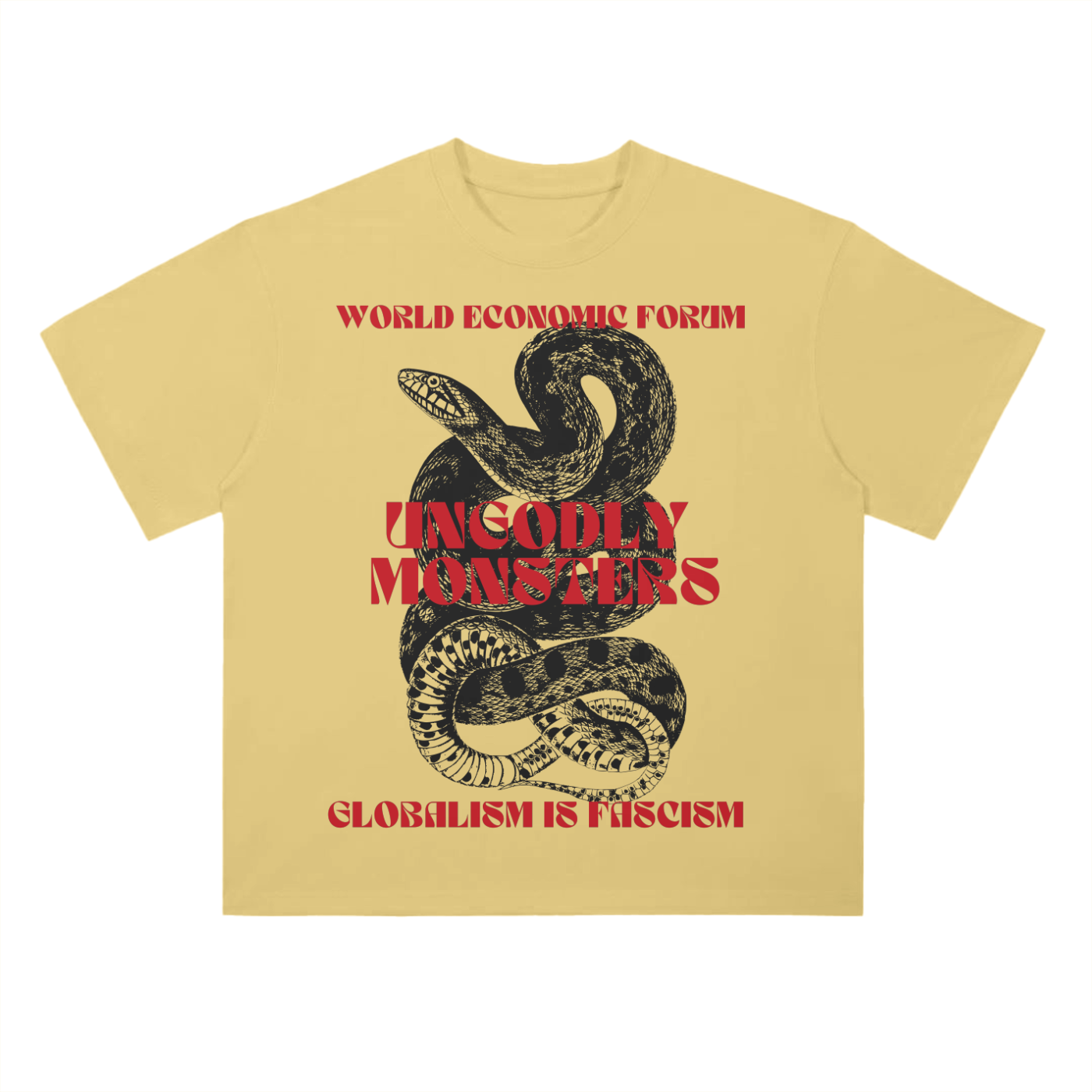 Yellow “Globalism is Fascism” T-shirt with grindhouse-style red and black illustration.