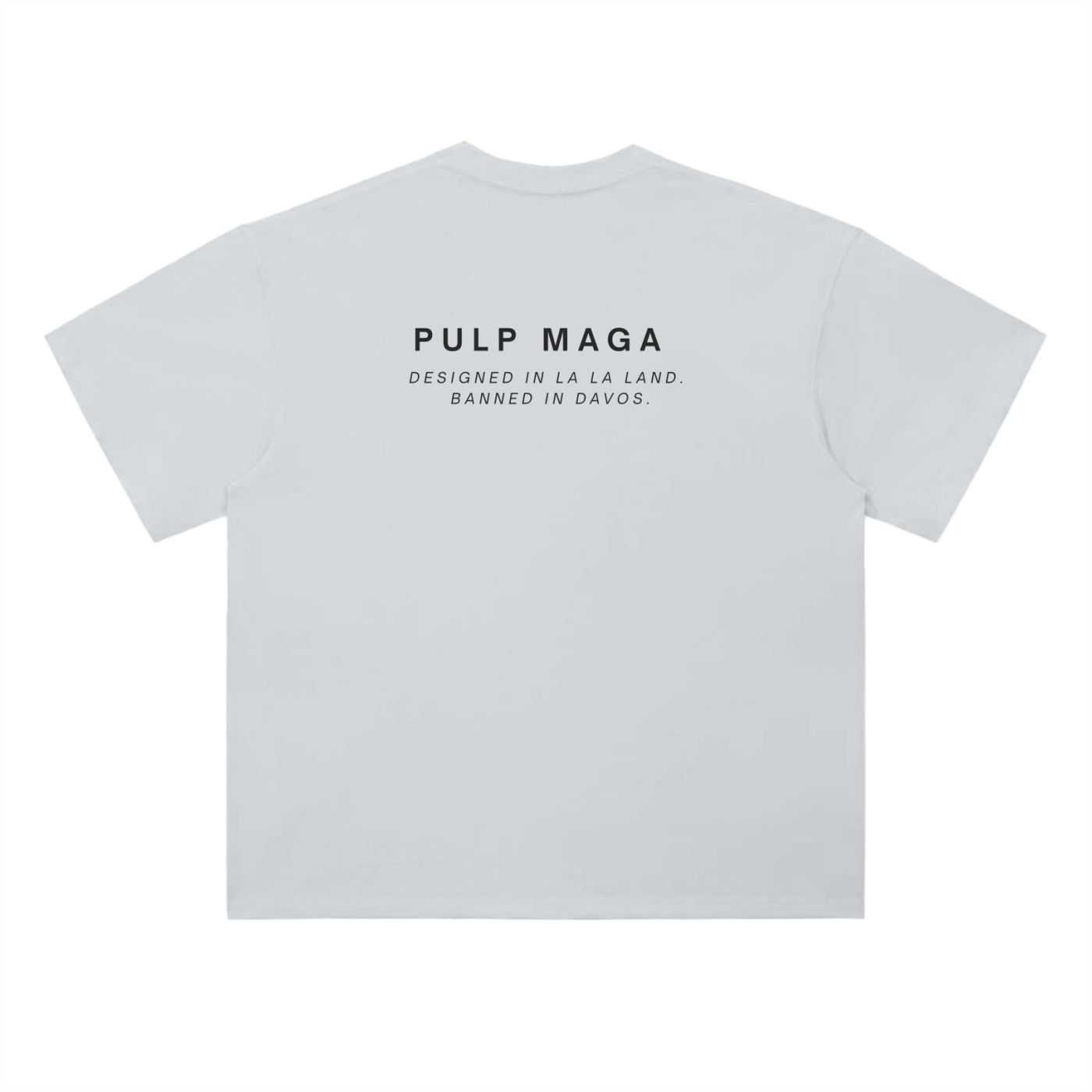 minimal maga t-shirt with 'banned in davos' text in black