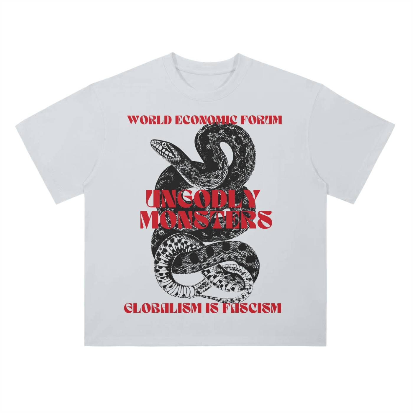 Light gray “Globalism is Fascism” T-shirt featuring dystopian grindhouse graphic in bold red and black.