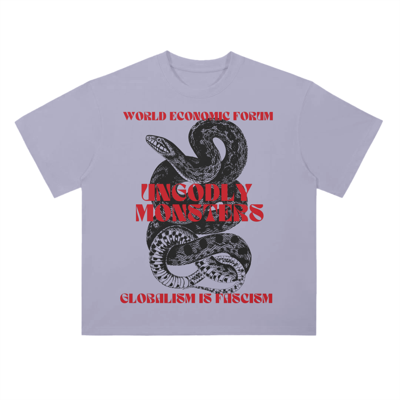 Lilac-toned political tee with retro pulp-inspired “Globalism is Fascism” graphic print.