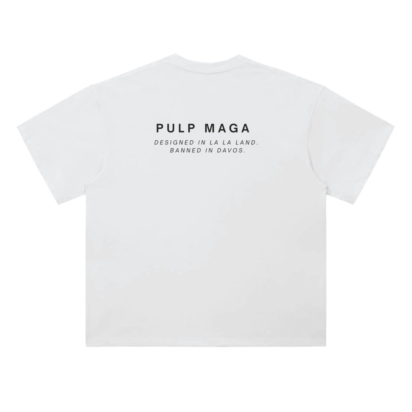 pulp maga classic white logo tee with fear of god style font