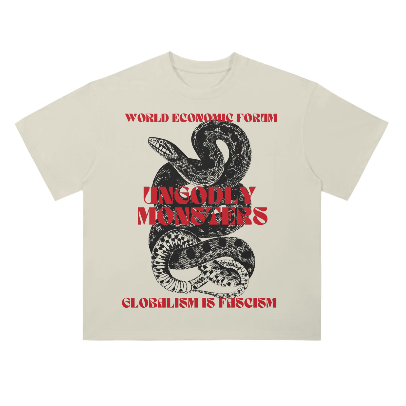 cream anti-globalist T-shirt with vintage horror movie-style artwork and bold typography.