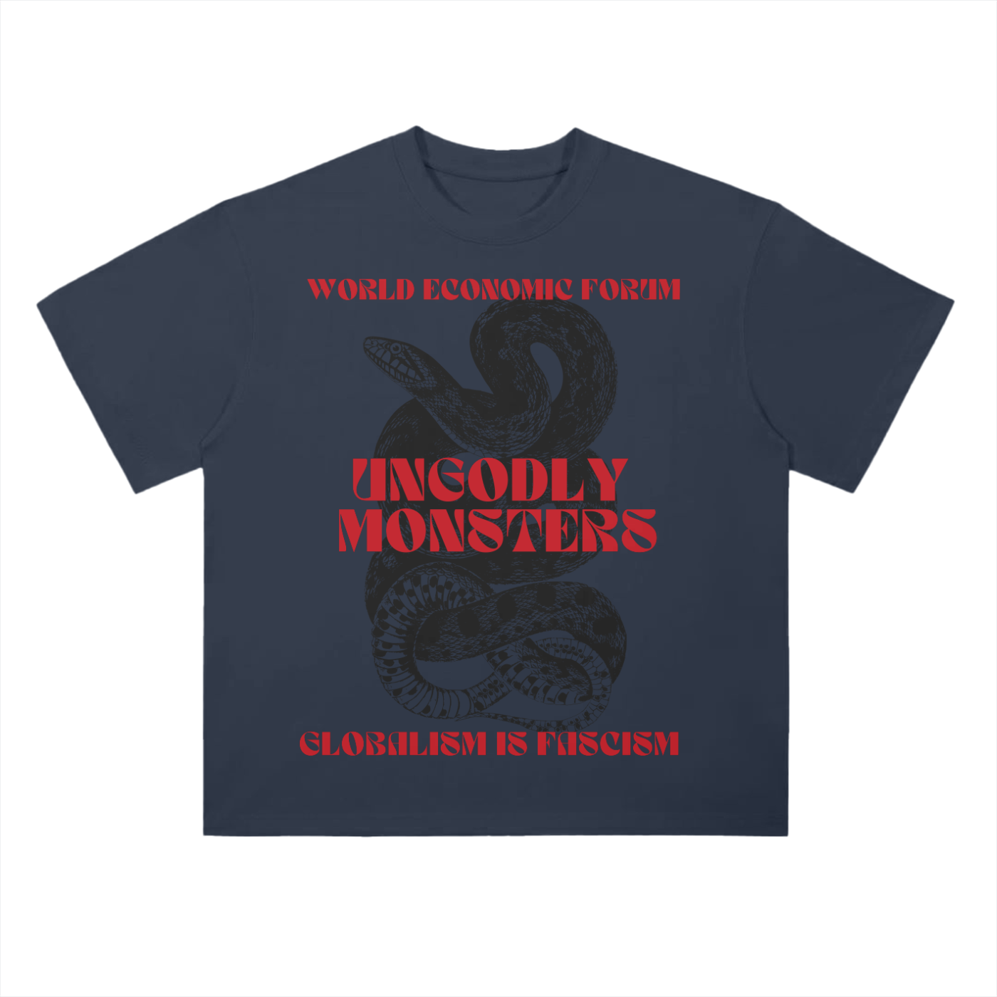 Navy blue “Globalism is Fascism” tee featuring dystopian-style graphic in pulp red and black.